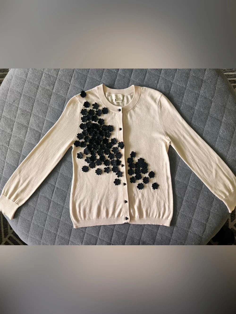 KATE SPADE XS Silk Cotton Cashmere Blend Cream Black Flowers Cardigan